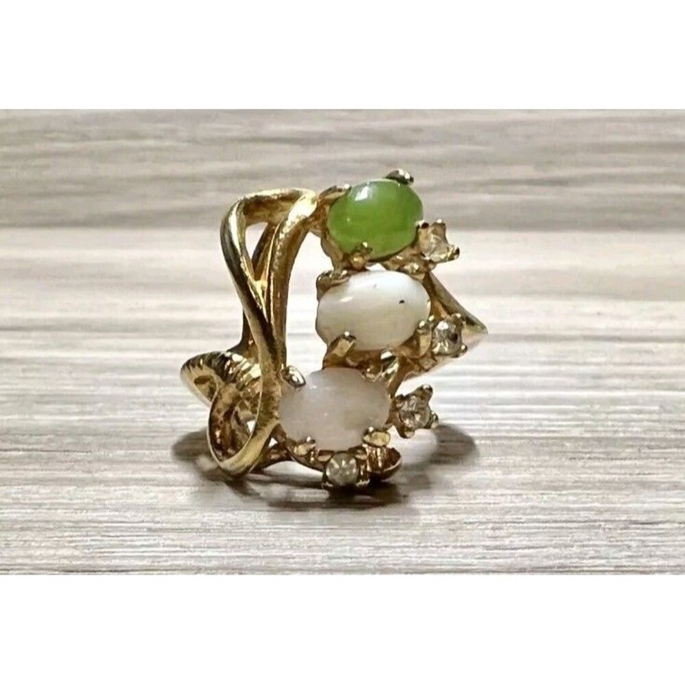 Vintage Designer Hallmarked 18K HGE Jade & Opal Cocktail Ring, Size 8